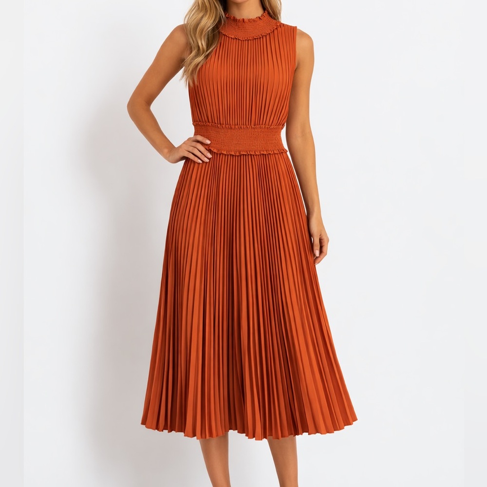 Nanette Lepore‎ Women's Smocked High Neck Pleated Midi Dress Burnt Orange Size 6
